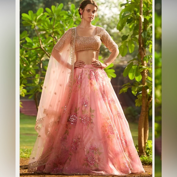 lashkaraa Other - Blush Pink Floral Lehenga with Gold Embellished Blouse